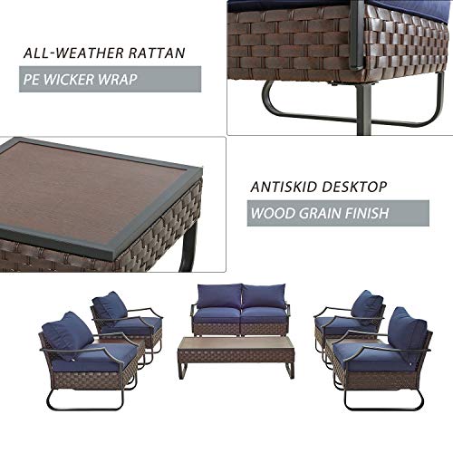 Festival Depot 9 Pcs Patio Outdoor Furniture Conversation Sets Sectional Sofa with All-Weather PE Rattan Wicker Armchair, Loveseat Coffee Side Table and Thick Soft Removable Couch Cushions (Blue) 