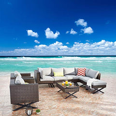 Festival Depot 10Pc Outdoor Furniture Patio Conversation Set Sectional Corner Sofa Chairs with X Shaped Metal Leg All Weather Brown Rattan Wicker Ottoman Side Coffee Table with Grey Seat Back Cushions