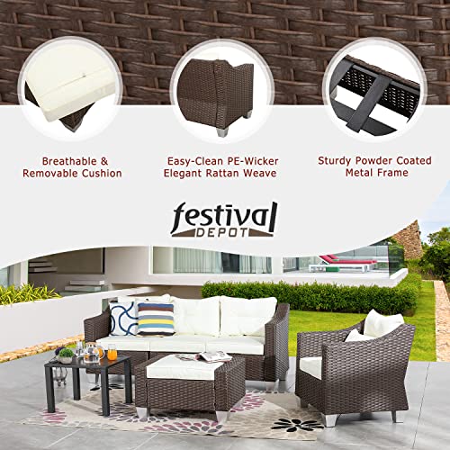 Festival Depot 6 Pcs Patio Conversation Set Outdoor Furniture Combination Sectional Sofa All-Weather PE Wicker Metal Armchairs with Seating Back Cushions Side Coffee Table Ottoman (Beige) 