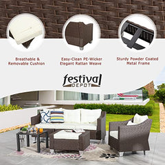 Festival Depot 6 Pcs Patio Conversation Set Outdoor Furniture Combination Sectional Sofa All-Weather PE Wicker Metal Armchairs with Seating Back Cushions Side Coffee Table Ottoman (Beige)
