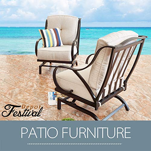 Festival Depot 2 of Outdoor Patio Dining Chairs with Blue Cushions Set Premium Fabric Metal Frame Furniture Set Garden Bistro Seating Chair Thick&Soft Cushions (2pc Dining Chairs) 