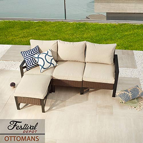 Festival Depot Patio Ottoman Footstool Outdoor Furniture with Wicker Rattan, X Shape Slatted Steel Frame Foot Rest with Premium Fabric Soft Cushion Square for Garden Yard Lawn All-Weather 
