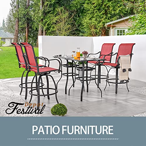 Festival Depot 3 Pcs Patio Bistro Bar Set High Stools Outdoor Furniture with 360° Swivel Armrest Chairs, Coffee Table with Tempered Glass Desktop, Metal Frame for Deck Poolside Garden Porch