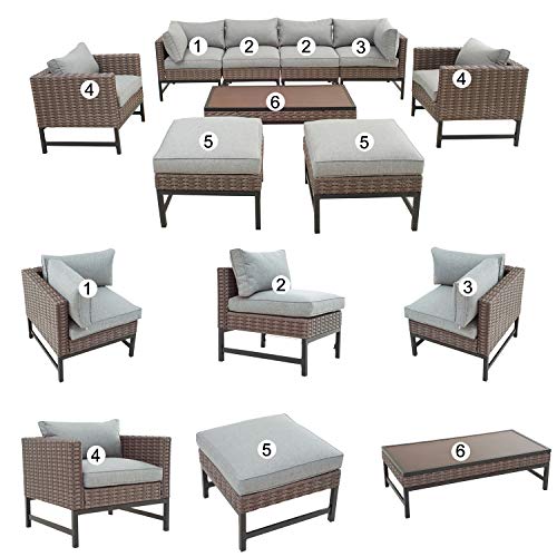 Festival Depot 9 Pieces Patio Conversation Set Outdoor Furniture Combination Sectional Sofa Loveseat All-Weather Wicker Metal Chairs with Seating Back Cushions Side Coffee Table, Gray