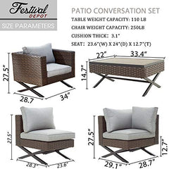 Festival Depot 6 Piece Patio Outdoor Furniture Conversation Set Wicker Rattan Armchair Corner Sofa and Coffee Table X Shaped Slatted Steel Leg for Porch Lawn Garden Balcony Pool Backyard (Grey)