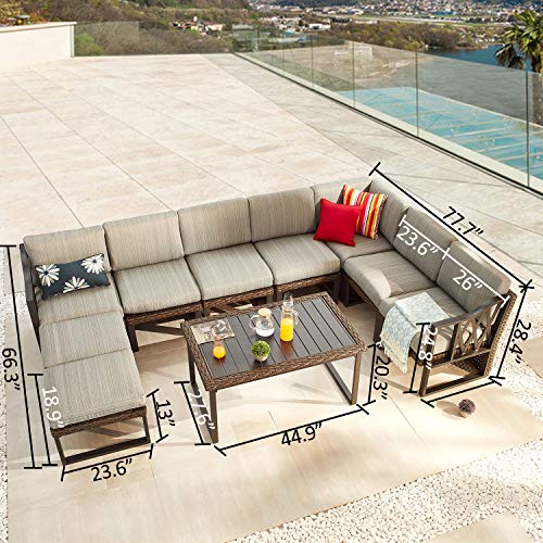 Festival Depot 10Pc Outdoor Furniture Patio Conversation Set Sectional Corner Sofa Chairs All Weather Wicker Ottoman Metal Frame Slatted Coffee Table with Thick Seat Back Cushions (Grey)