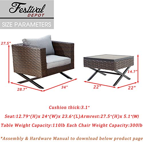 Festival Depot 3-Piece Bistro Outdoor Patio Furniture Conversation Set Wicker Rattan Armrest Chairs with 3.1" Soft&Deep Cushion Square Wood Grain Top Side Coffee Table with X Shaped Slatted Steel Legs