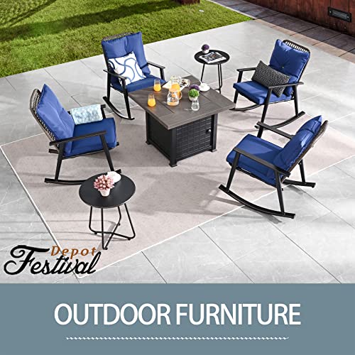 Elegant 7 Piece Outdoor Fire Pit Conversation Set with PE Wicker Rocking Chairs, Blue Cushions, and Side Tables 
