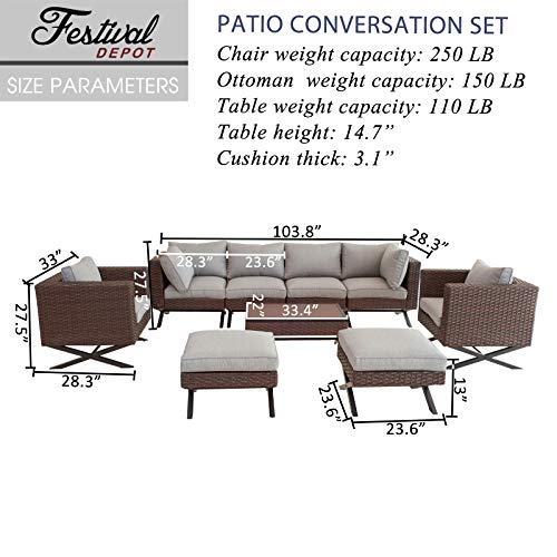 Festival Depot 9pcs Outdoor Furniture Patio Conversation Set Sectional Corner Sofa Chairs with X Shaped Metal Leg All Weather Brown Rattan Wicker Ottoman Coffee Table with Grey Seat Back Cushions