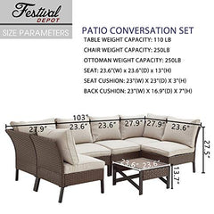 Festival Depot 7 Pcs Patio Outdoor Furniture Conversation Set Sectional Corner Sofa with All-Weather Brown Wicker Back Chair, Coffee Side Table, Ottoman and Soft Thick Removable Couch Cushions