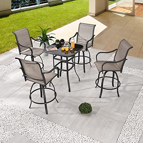 Festival Depot 5 pcs Bar Bistro Patio Outdoor Dining Furniture Sets High Stools 360° Swivel Chair with Slatted Steel Curved Armrest Coffee Table Tempered Glass Desktop (4 Chairs,1 Table)