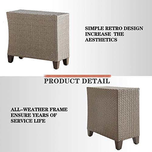 Festival Depot Outdoor All-Weather Patio Wicker Rattan Side Table Metal Frame End Table for Porch Lawn Garden Balcony Pool Backyard, Brown 