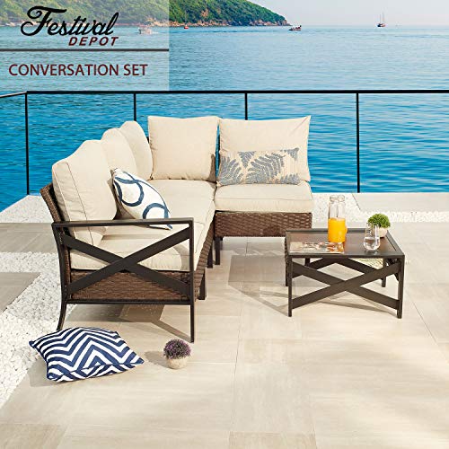 Festival Depot 5 Pcs Patio Outdoor Furniture Conversation Set Sectional Corner Sofa with All-Weather Brown Wicker Back Chair, Coffee Side Table, Ottoman and Soft Thick Removable Couch Cushion