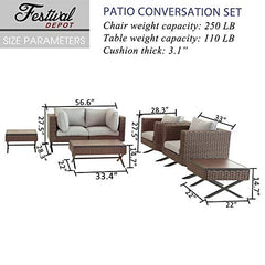 Festival Depot 7pcs Outdoor Furniture Patio Conversation Set Sectional Sofa Chairs with X Shaped Metal Leg All Weather Brown Rattan Wicker Rectangle Square Coffee Table with Grey Seat Back Cushions