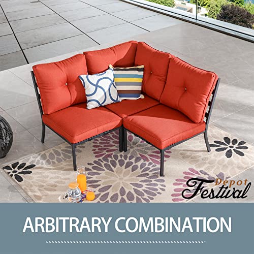 Festival Depot 3 Pcs Patio Conversation Set Sectional Sofa Chair Outdoor Furniture All-Weather Bistro Set with 2 Metal Armless Chair and 1 Corner Chair for Garden Pool Porch Deck Backyard (Red) 