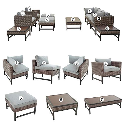 Festival Depot 10 Pieces Patio Conversation Set Outdoor Furniture Combination Sectional Sofa Loveseat All-Weather Woven Wicker Metal Armchairs with Seating Back Cushions Side Coffee Table Ottoman,Gray