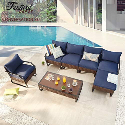 Festival Depot 7 Pieces Patio Outdoor Furniture Conversation Sets Sectional Sofa, All-Weather PE Rattan Wicker Back Armchair with Coffee Table, Ottoman and Thick Soft Removable Couch Cushions (Blue)