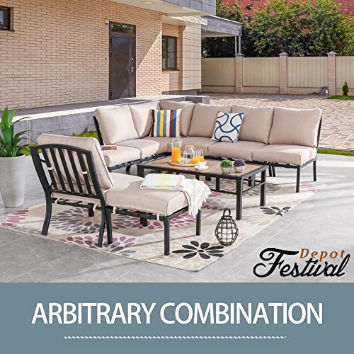 Festival Depot 9 Pieces Patio Conversation Set Sectional Sofa Corner Armchair Ottoman with Thick Cushions and Coffee Table All Weather Metal Outdoor Furniture for Deck Garden, Beige