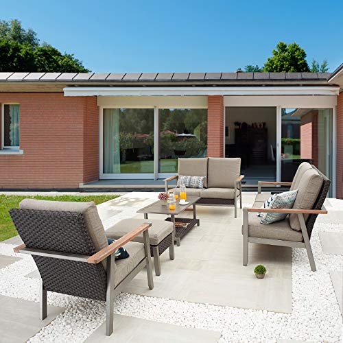 Festival Depot 5pcs Patio Conversation Set Wicker Armchair All Weather Rattan Loveseat 3-Seater Sofa with Thick Cushions in Metal Frame Coffee Table Outdoor Furniture for Deck 