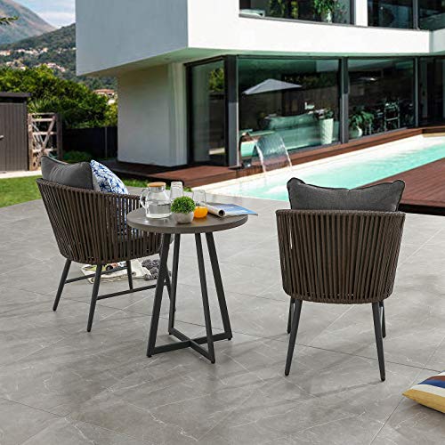 Festival Depot 3 Pcs Patio Bistro Set Outdoor Furniture with 2 Rattan Wicker Chair, Seat and Back Cushion and 1 Wood Grain Desktop Coffee Table