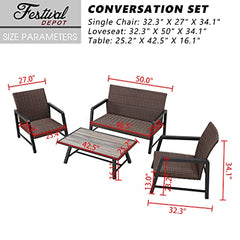 Festival Depot 4Pcs Patio Conversation Set, PE Wicker Bistro Set, All-Weather Outdoor Furniture, with 1 Loveseat 2 Armchair and 1 DPC Coffee Table for Backyard Porch Lawn Deck Garden