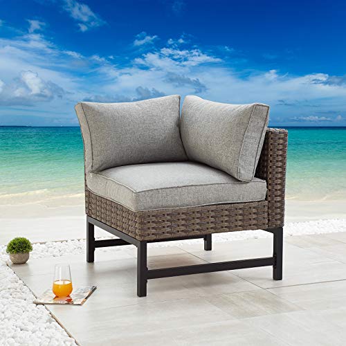 Festival Depot Dining Outdoor Patio Bistro Furniture Right Armrest Chair with Wicker Rattan Armrest Premium Fabric Comfort&Soft 3.1"Cushion with Metal Slatted Steel Leg for Garden Poolside All-Weather