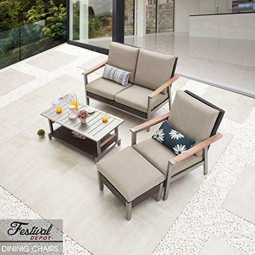Festival Depot Outdoor Chair Patio Dining Chair with Cushion and Wood Grain Armrest Metal Furniture for Lawn Garden All-Weather 