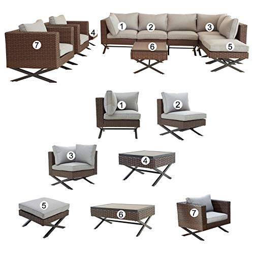 Festival Depot 10Pc Outdoor Furniture Patio Conversation Set Sectional Corner Sofa Chairs with X Shaped Metal Leg All Weather Brown Rattan Wicker Ottoman Side Coffee Table with Grey Seat Back Cushions 