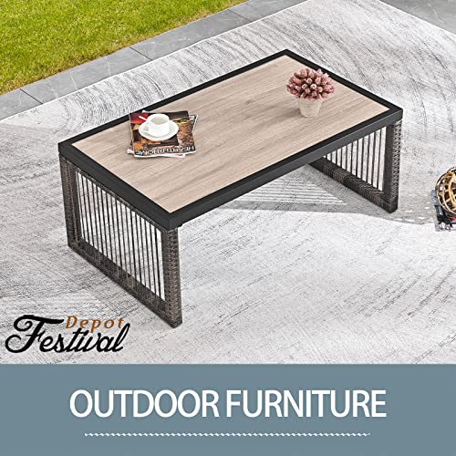 Festival Depot Wicker Patio Coffee Table All-Weather Metal Square Dining Table Waterproof Outdoor Sectional Furniture with DPC Desktop for Bistro Balcony Garden Pool Lawn Backyard