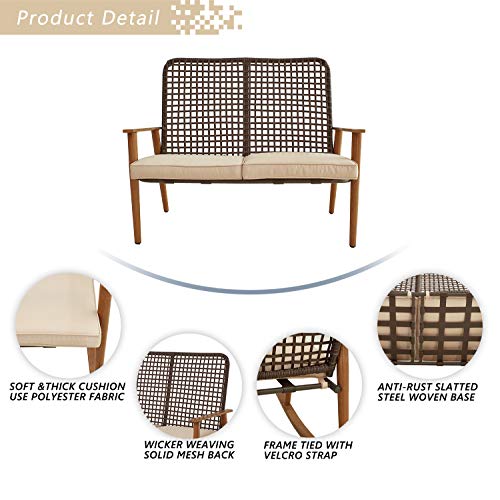 Festival Depot 2 Pieces Patio Outdoor Furniture Conversation Set Loveseat with Metal Side Coffee Side Table Wooden-Color Steel Wicker Weaving Mesh Back Armchair with Cushions (Khaki) 