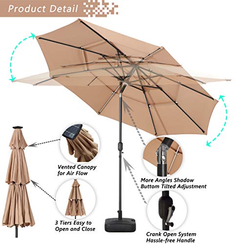 Festival Depot 9.8ft Outdoor Patio 3 Tiers Ventilation Market Aluminum Umbrella Button Tilt Easy Crank Center Light 8 Solar Powered LED Lights Bars All-Weather