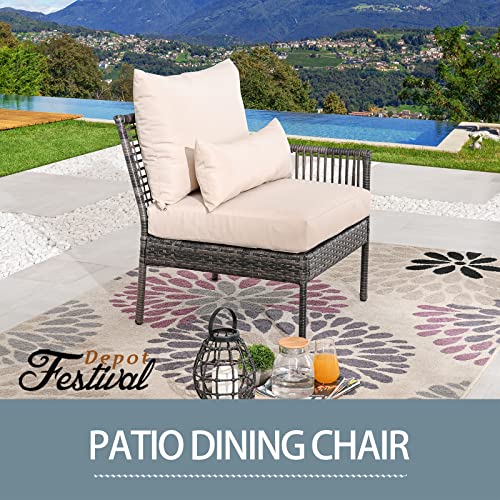 Festival Depot Patio Wicker Dining Chair, All-Weather Rattan Sectional Sofa Outdoor Furniture with Metal Frame Removable Seat & Back Cushion Pillow for Garden Pool Backyard Lawn (Beige)