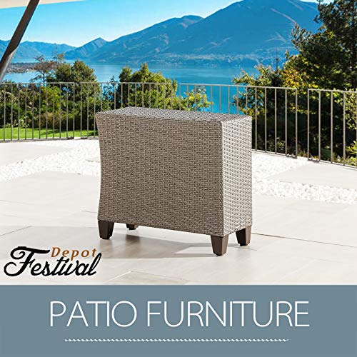Festival Depot Outdoor All-Weather Patio Wicker Rattan Side Table Metal Frame End Table for Porch Lawn Garden Balcony Pool Backyard, Brown 