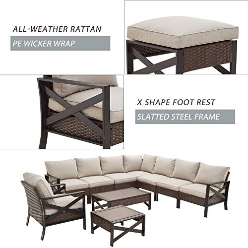 Festival Depot 10 Pcs Patio Outdoor Furniture Conversation Set Sectional Corner Sofa with All-Weather Brown PE Rattan Wicker Back Chair, Coffee Side Table and Thick Removable Couch Cushions 