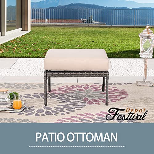 Festival Depot Patio Wicker Ottoman, All-Weather Rattan Sectional Square Footrest Outdoor Furniture with Metal Frame Removable Cushion for Garden Pool Backyard Lawn (Beige) 