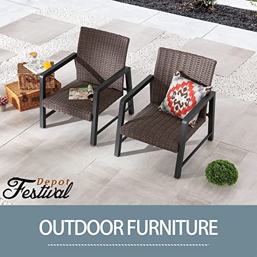 Festival Depot 2Pcs Patio Armchair Set, PE Wicker Bistro Set, All-Weather Dining Chairs with Soft Cushion Quick-Drying Cotton Built-in Under Seat Outdoor Furniture for Backyard Porch Lawn Deck Garden 