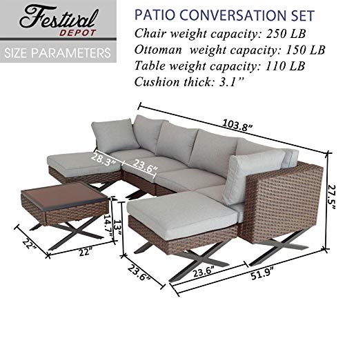 Festival Depot 7pcs Outdoor Furniture Patio Conversation Set Sectional Corner Sofa Chairs with X Shaped Metal Leg All Weather Brown Rattan Wicker Ottoman Side Coffee Table with Grey Seat Back Cushions 