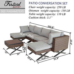 Festival Depot 7pcs Outdoor Furniture Patio Conversation Set Sectional Corner Sofa Chairs with X Shaped Metal Leg All Weather Brown Rattan Wicker Ottoman Side Coffee Table with Grey Seat Back Cushions