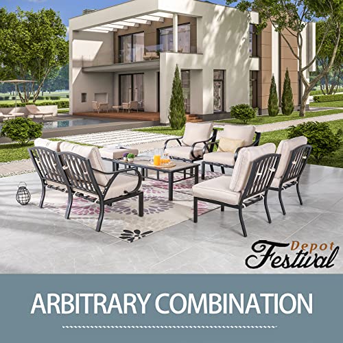 Festival Depot 9 Pieces Patio Conversation Set Sectional Sofa Armchair Ottoman with Thick Cushions and Coffee Table All Weather Metal Outdoor Furniture for Deck Garden, Beige 