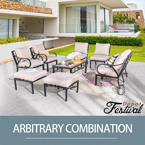 Festival Depot 9 Pieces Patio Conversation Set Sectional Sofa Armchair Ottoman with Thick Cushions and Coffee Table All Weather Metal Outdoor Furniture for Deck Garden, Beige