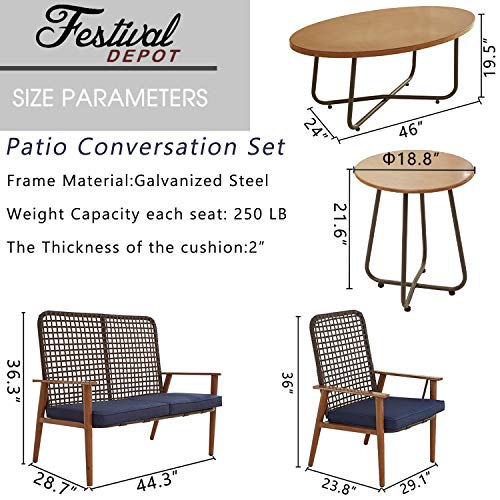 Festival Depot 8 Pieces Patio Outdoor Furniture Conversation Set with Metal Side Coffee Side Table Wooden-Color Steel Wicker Weaving Mesh Back Armchair with Cushions (Blue) 