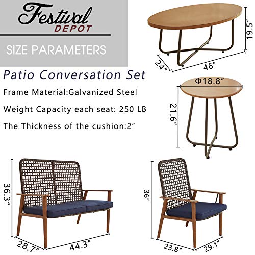 Festival Depot 10 Pieces Patio Outdoor Furniture Conversation Set with Metal Side Coffee Side Table Wooden-Color Steel Wicker Weaving Mesh Back Armchair with Cushions (Blue)