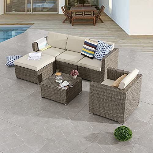 Festival Depot 6pcs Patio Furniture Set Outdoor Sectional PE Wicker Sofa Set Rattan Conversation Set with Coffee Table Ottoman and Washable Seat Cushions Beige and Grey