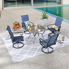 Festival Depot 5 Pieces Patio Dining Conversation Set, Outdoor Furniture 4 Swivel Bistro Armrest Chair & 1 Square Metal Table with 2.16" Umbrella Hole for Deck Poolside Porch Backyard (Blue)