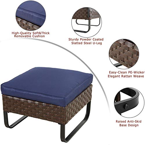 Festival Depot Patio Ottoman Footstool Outdoor Bistro Furniture with Premium Fabric Soft Cushion Wicker Rattan Square with U Shaped Slatted Steel Legs Foot Rest for Garden Yard Lawn All-Weather