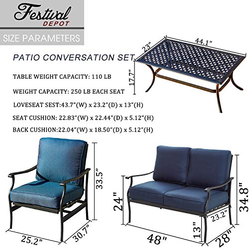 Festival Depot 4pc 4 Seats Patio Conversation Outdoor ArmChairs Loveseat Set with Coffee Table Fabric Metal Frame Furniture Garden Bistro Seating Thick Soft Cushions