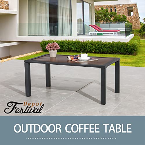 Festival Depot Outdoor Table Patio Dining Table with Metal Steel Frame Wooden-Like End Top All Weather Sectional Furniture for Garden Yard Lawn Pool