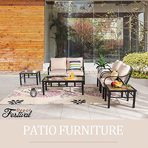 Festival Depot 7pcs Patio Conversation Set Sectional Metal Chairs with Cushions Coffee Tables All Weather Outdoor Furniture for Garden Backyard, Beige 