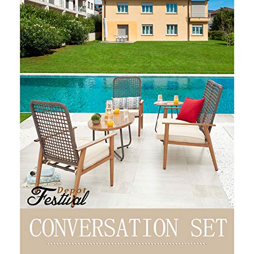 Festival Depot 5 Pieces Patio Outdoor Conversation Set with Metal Side Coffee Table Wooden-Color Steel Chairs Loveseat with Cushions