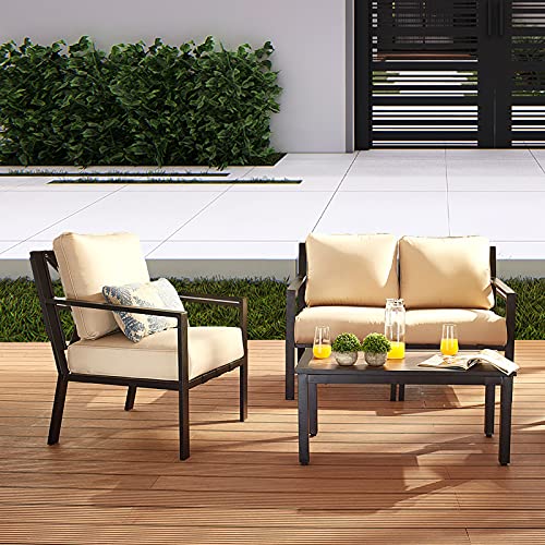 Festival Depot 4 Piece Patio Furniture Set All-Weather Polyester Fabrics Metal Frame Sofa Outdoor Conversation Set Sectional Armchair Couch with Cushion & Coffee Table for Deck Poolside Balcony(Beige)